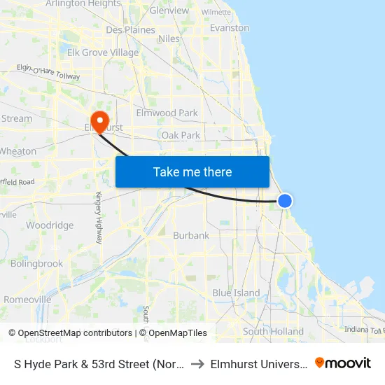 S Hyde Park & 53rd Street (North) to Elmhurst University map