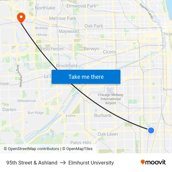 95th Street & Ashland to Elmhurst University map