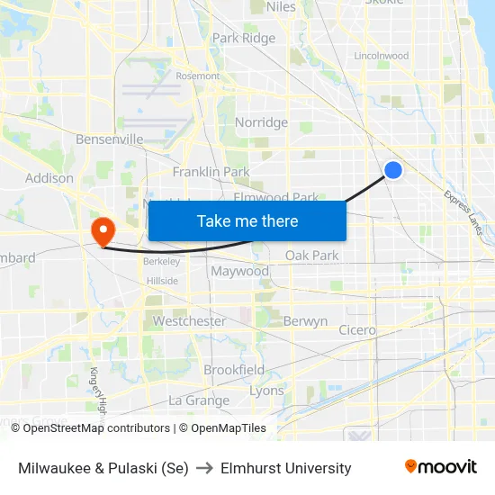 Milwaukee & Pulaski (Se) to Elmhurst University map