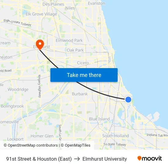 91st Street & Houston (East) to Elmhurst University map
