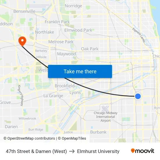 47th Street & Damen (West) to Elmhurst University map