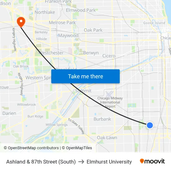 Ashland & 87th Street (South) to Elmhurst University map