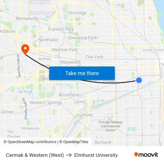 Cermak & Western (West) to Elmhurst University map