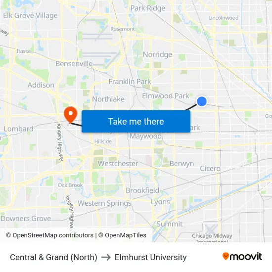 Central & Grand (North) to Elmhurst University map