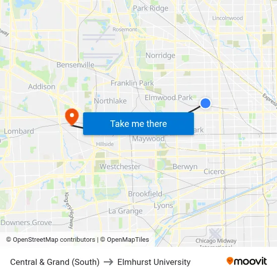 Central & Grand (South) to Elmhurst University map