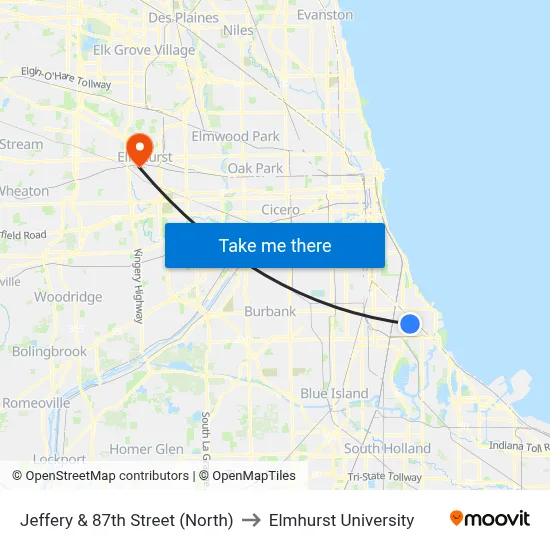 Jeffery & 87th Street (North) to Elmhurst University map