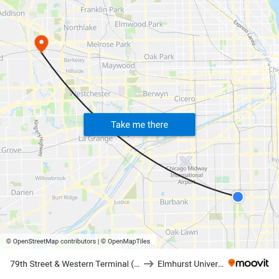 79th Street & Western Terminal (East) to Elmhurst University map