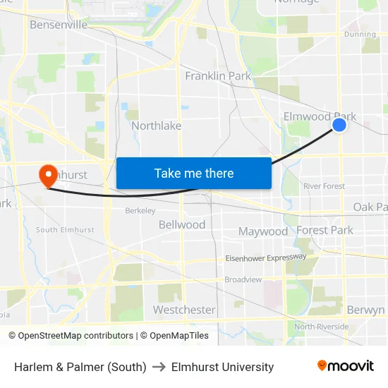 Harlem & Palmer (South) to Elmhurst University map