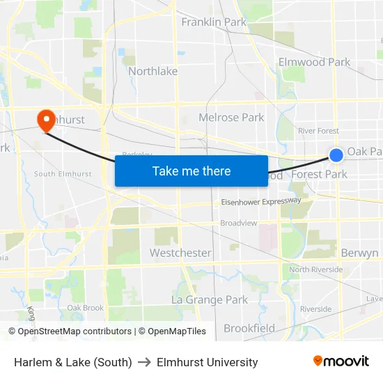 Harlem & Lake (South) to Elmhurst University map