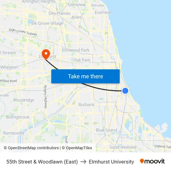 55th Street & Woodlawn (East) to Elmhurst University map