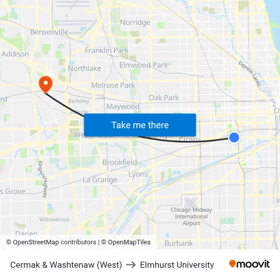 Cermak & Washtenaw (West) to Elmhurst University map