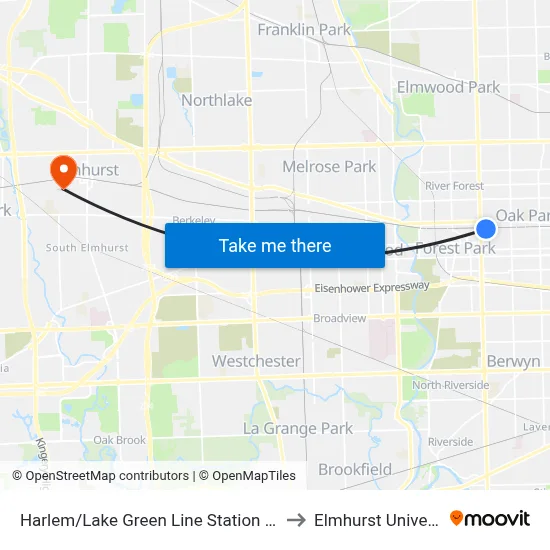 Harlem/Lake Green Line Station (West) to Elmhurst University map