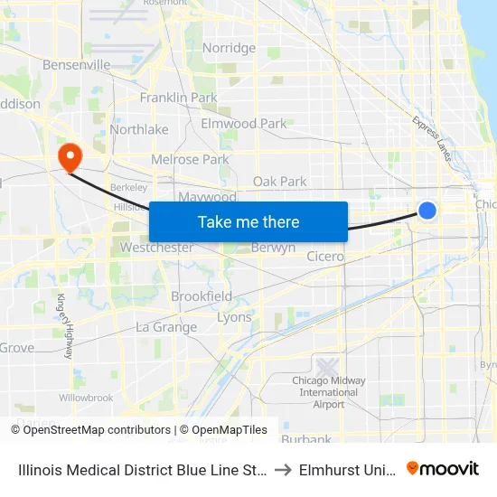 Illinois Medical District Blue Line Station (North) to Elmhurst University map