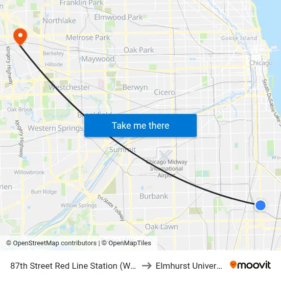87th Street Red Line Station (West) to Elmhurst University map
