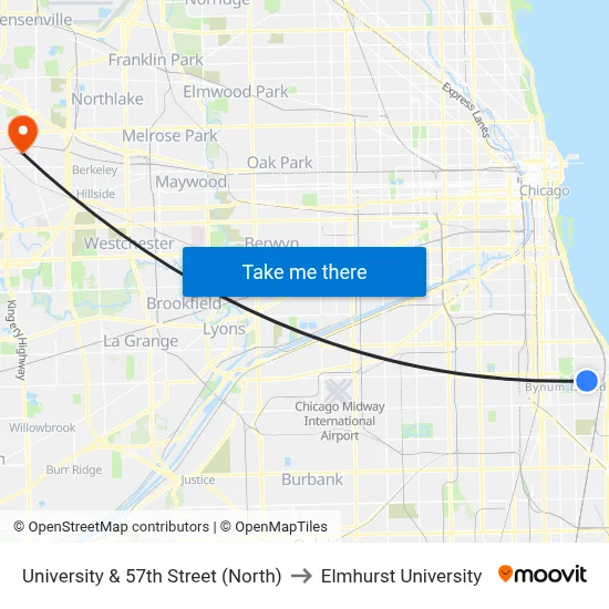 University & 57th Street (North) to Elmhurst University map