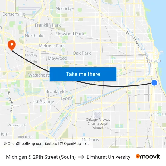 Michigan & 29th Street (South) to Elmhurst University map