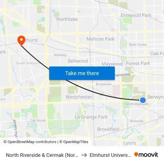 North Riverside & Cermak (North) to Elmhurst University map