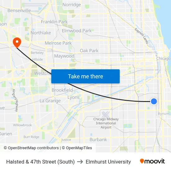 Halsted & 47th Street (South) to Elmhurst University map