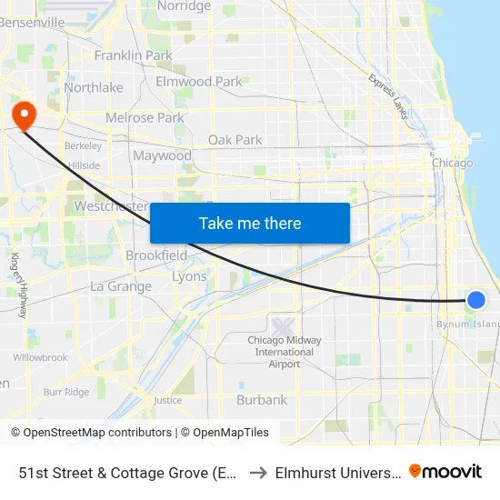 51st Street & Cottage Grove (East) to Elmhurst University map