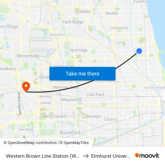 Western Brown Line Station (West) to Elmhurst University map