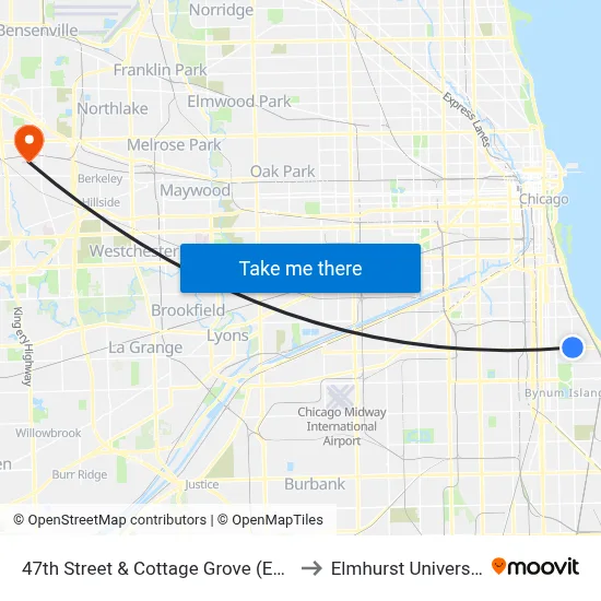 47th Street & Cottage Grove (East) to Elmhurst University map