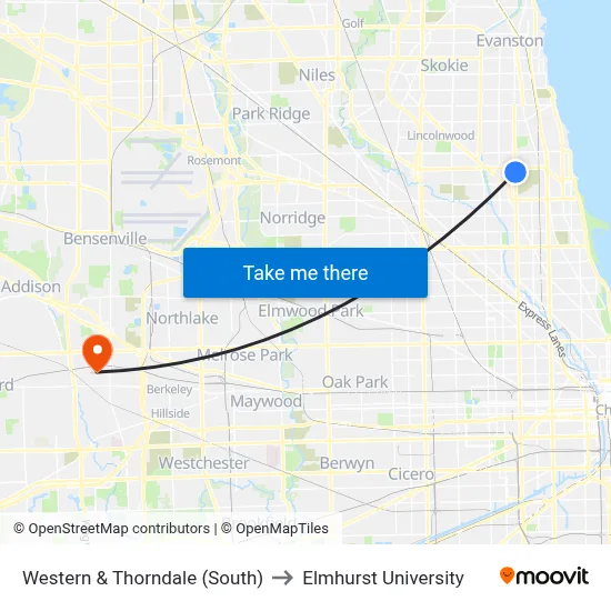Western & Thorndale (South) to Elmhurst University map