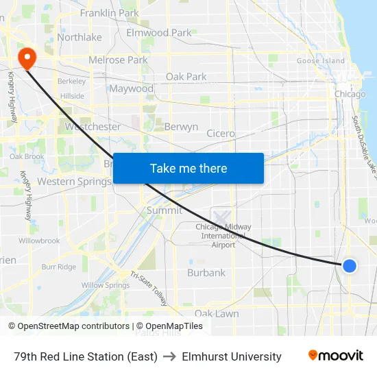 79th Red Line Station (East) to Elmhurst University map
