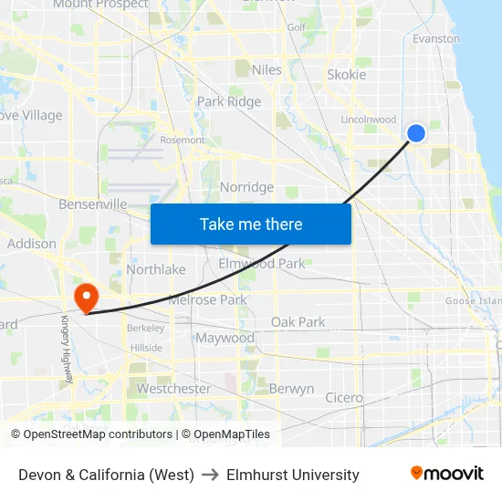 Devon & California (West) to Elmhurst University map