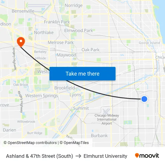 Ashland & 47th Street (South) to Elmhurst University map