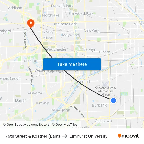 76th Street & Kostner (East) to Elmhurst University map