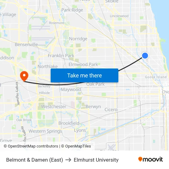 Belmont & Damen (East) to Elmhurst University map