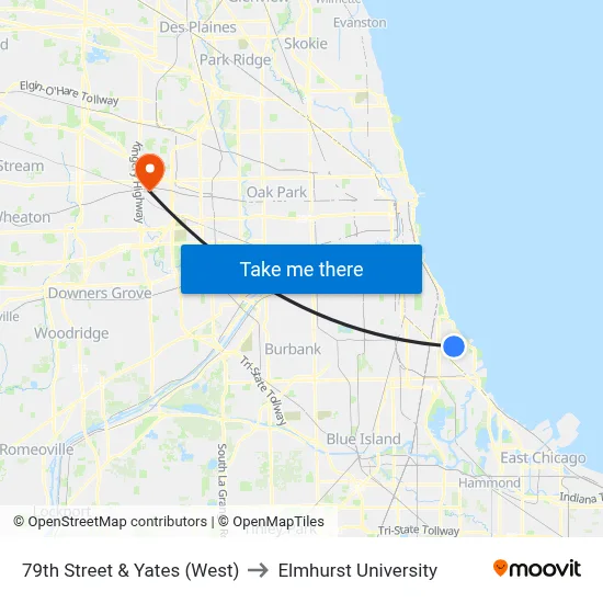 79th Street & Yates (West) to Elmhurst University map