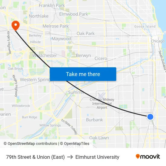 79th Street & Union (East) to Elmhurst University map