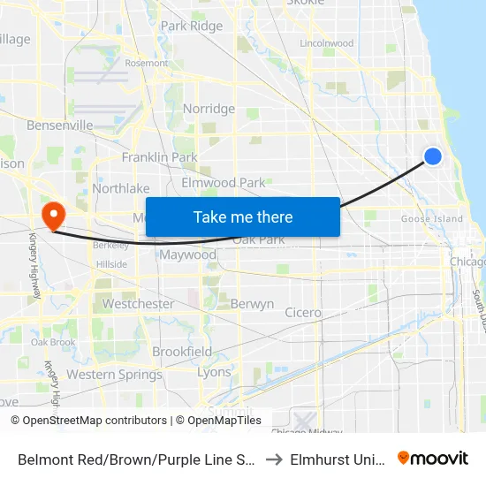 Belmont Red/Brown/Purple Line Station (East) to Elmhurst University map