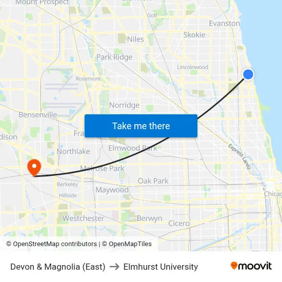Devon & Magnolia (East) to Elmhurst University map