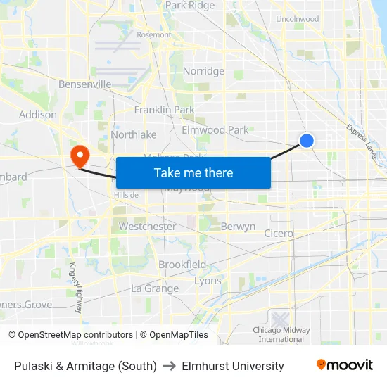 Pulaski & Armitage (South) to Elmhurst University map