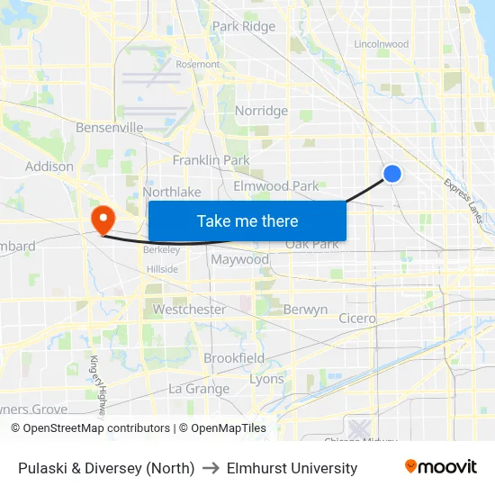 Pulaski & Diversey (North) to Elmhurst University map