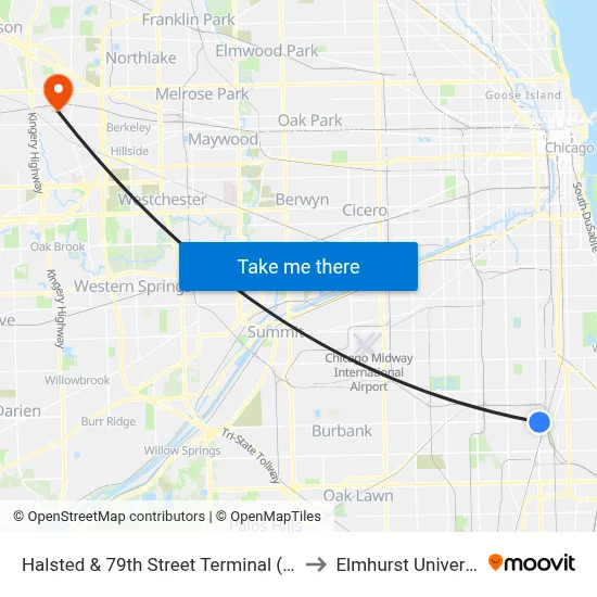 Halsted & 79th Street Terminal (East) to Elmhurst University map