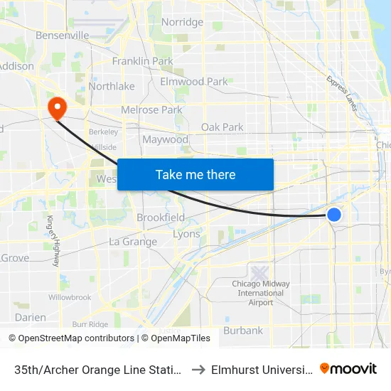35th/Archer Orange Line Station to Elmhurst University map
