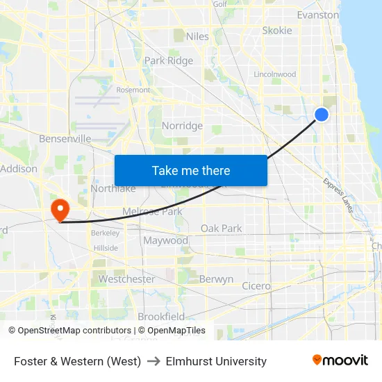 Foster & Western (West) to Elmhurst University map