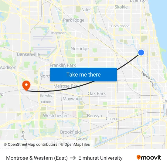 Montrose & Western (East) to Elmhurst University map