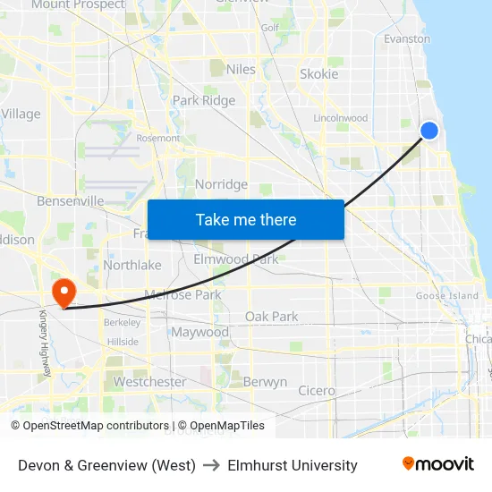 Devon & Greenview (West) to Elmhurst University map