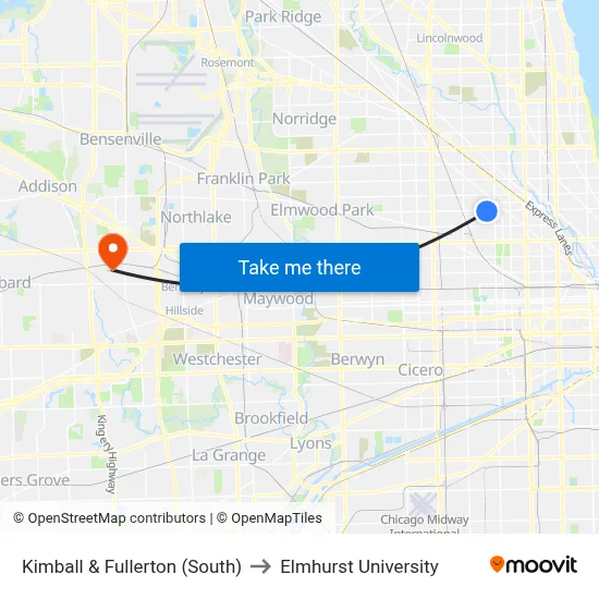 Kimball & Fullerton (South) to Elmhurst University map