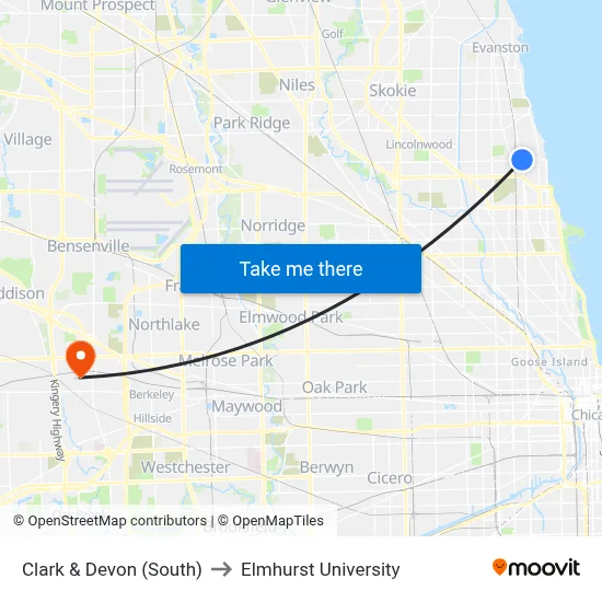 Clark & Devon (South) to Elmhurst University map