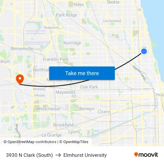 3930 N Clark (South) to Elmhurst University map
