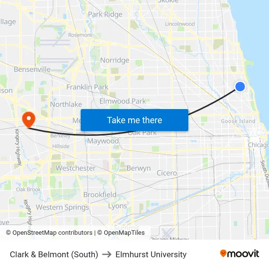 Clark & Belmont (South) to Elmhurst University map