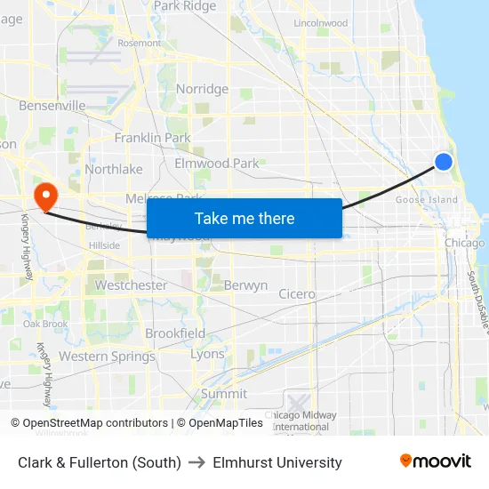 Clark & Fullerton (South) to Elmhurst University map