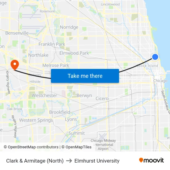 Clark & Armitage (North) to Elmhurst University map