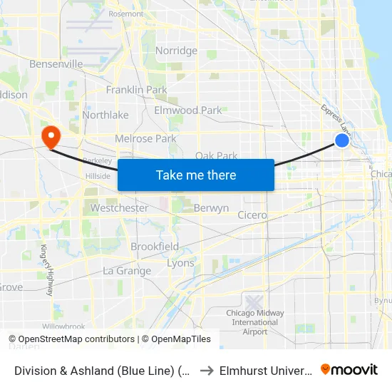 Division & Ashland (Blue Line) (East) to Elmhurst University map