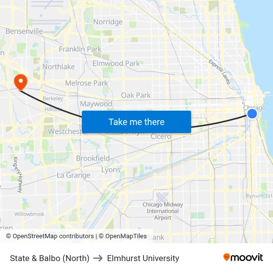 State & Balbo (North) to Elmhurst University map
